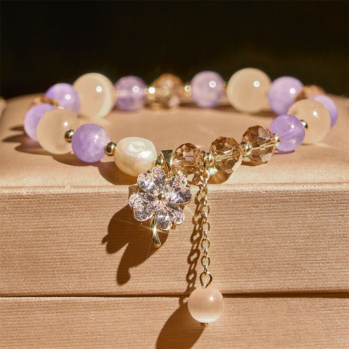Pulsera de equilibrio con Buddha Stones de cuatro hojas, amatista, citrino, cuarzo fresa verde y cuarzo rutilado. - image 1