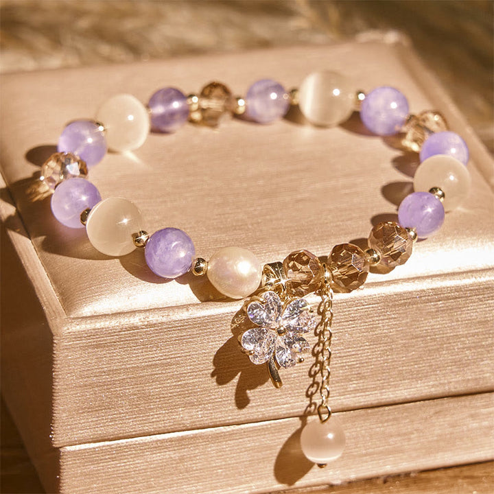 Pulsera de equilibrio con Buddha Stones de cuatro hojas, amatista, citrino, cuarzo fresa verde y cuarzo rutilado. - image 3