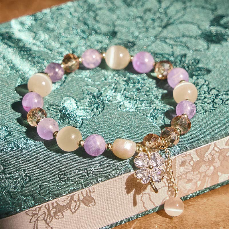 Pulsera de equilibrio con Buddha Stones de cuatro hojas, amatista, citrino, cuarzo fresa verde y cuarzo rutilado. - image 2