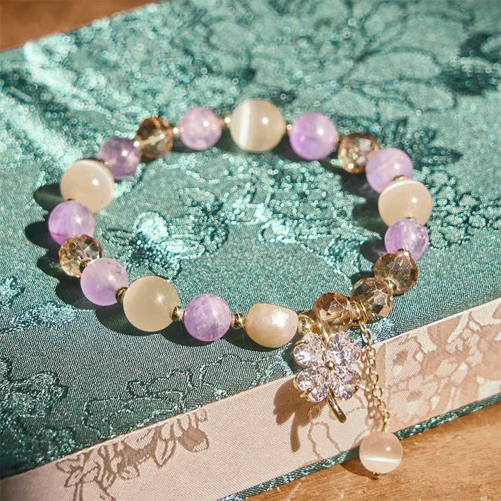 Pulsera de equilibrio con Buddha Stones de cuatro hojas, amatista, citrino, cuarzo fresa verde y cuarzo rutilado. - image 2