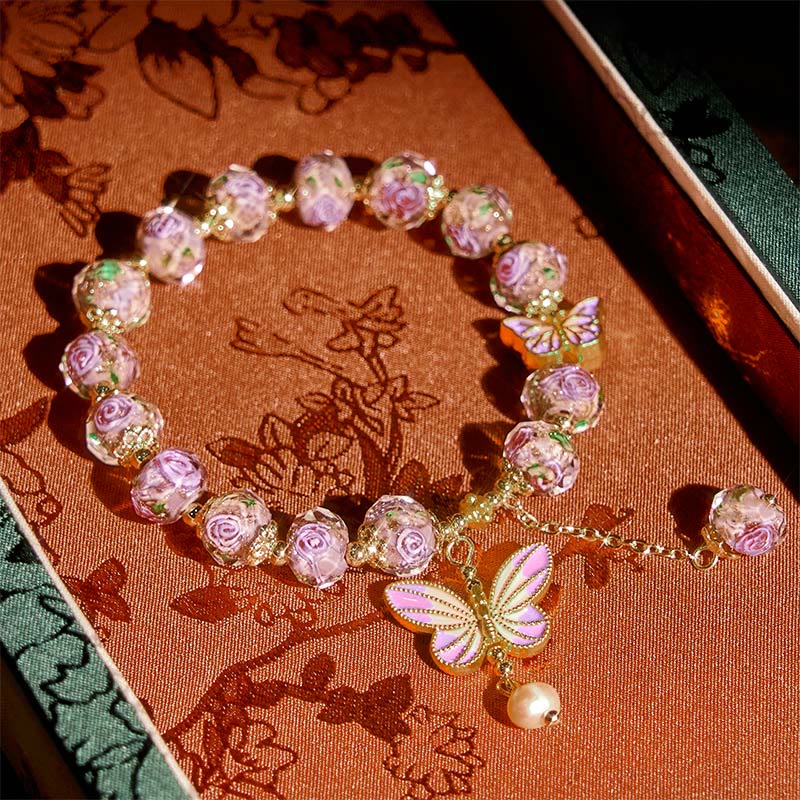 Pulsera de amor con cuentas de cristal Liuli y flores con dijes de mariposas dobles de Buddha Stones - image 2