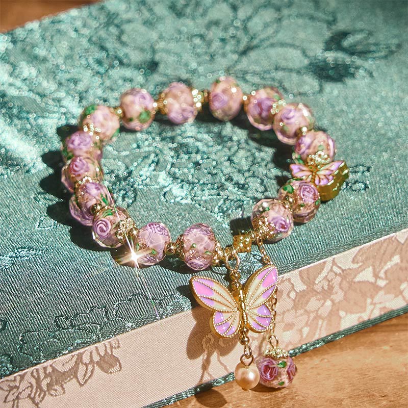 Pulsera de amor con cuentas de cristal Liuli y flores con dijes de mariposas dobles de Buddha Stones - image 3