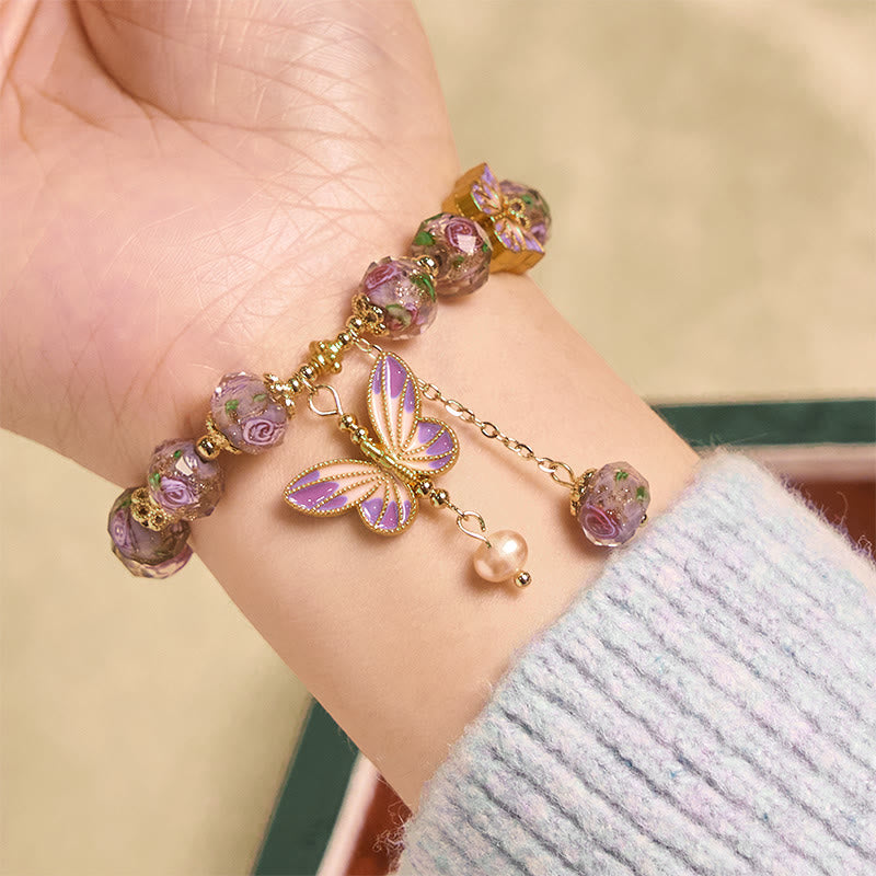 Pulsera de amor con cuentas de cristal Liuli y flores con dijes de mariposas dobles de Buddha Stones - image 4