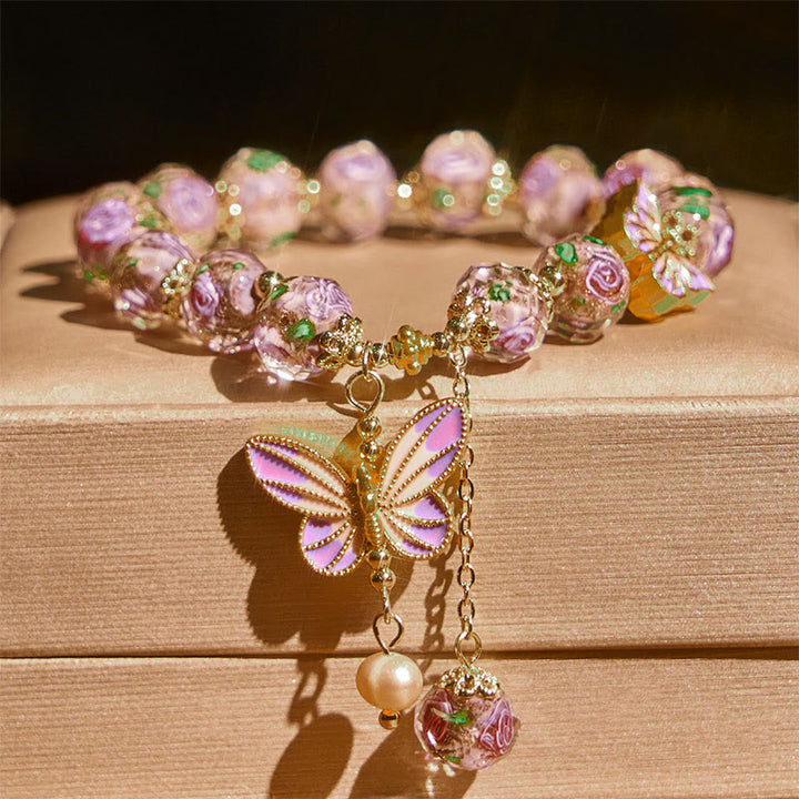 Pulsera de amor con cuentas de cristal Liuli y flores con dijes de mariposas dobles de Buddha Stones - image 1