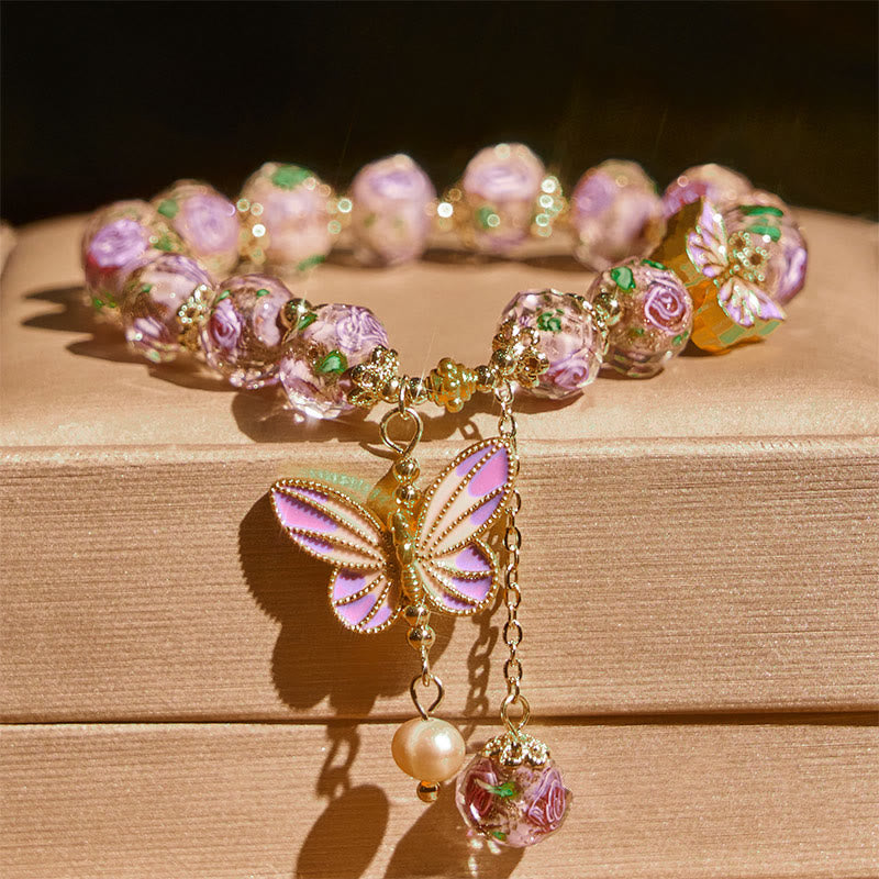 Pulsera de amor con cuentas de cristal Liuli y flores con dijes de mariposas dobles de Buddha Stones - image 1