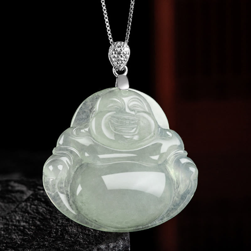 Buddha Stones Plata de Ley 925 Jade Natural Buda sonriente prosperidad abundancia cadena collar colgante