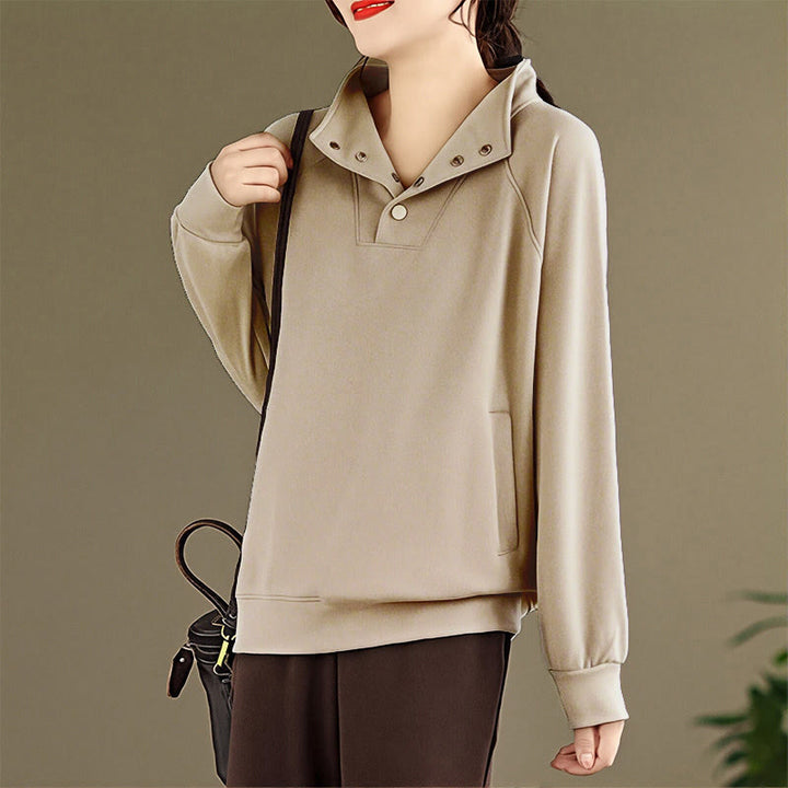 Sudadera de algodón de manga larga para mujer con diseño de botones y cuello alto liso con estampado de Buddha Stones Fall - image 23