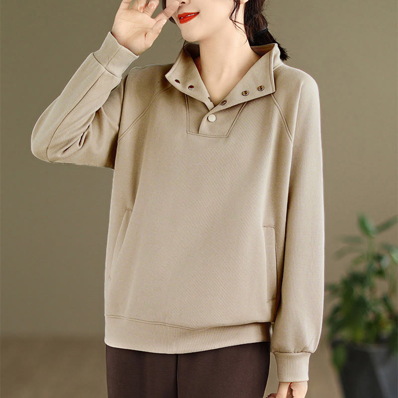 Sudadera de algodón de manga larga para mujer con diseño de botones y cuello alto liso con estampado de Buddha Stones Fall - image 22