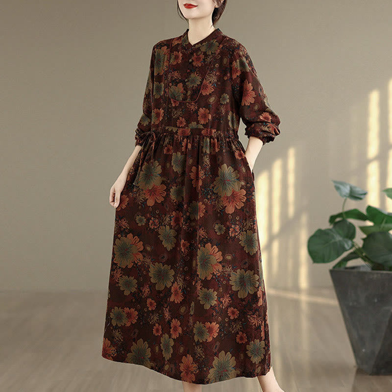 Vestido midi de algodón de manga larga con estampado floral de Buddha Stones y bolsillos - image 4