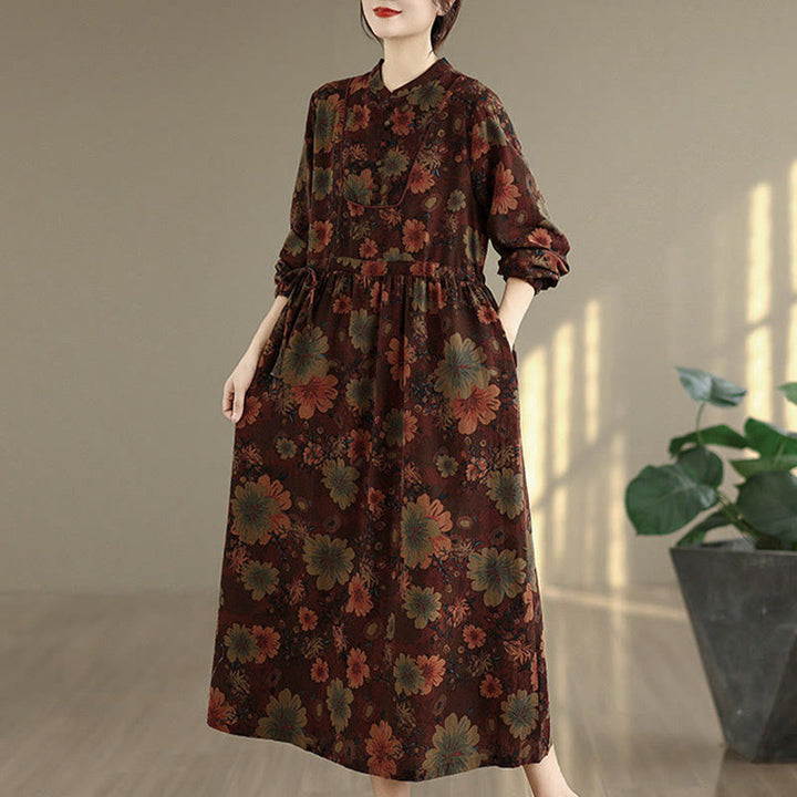 Vestido midi de algodón de manga larga con estampado floral de Buddha Stones y bolsillos - image 4