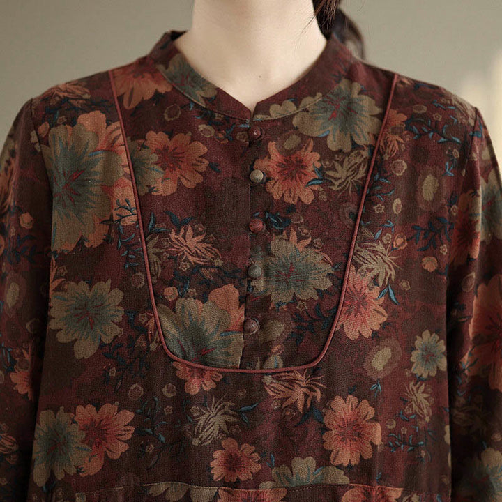 Vestido midi de algodón de manga larga con estampado floral de Buddha Stones y bolsillos - image 9