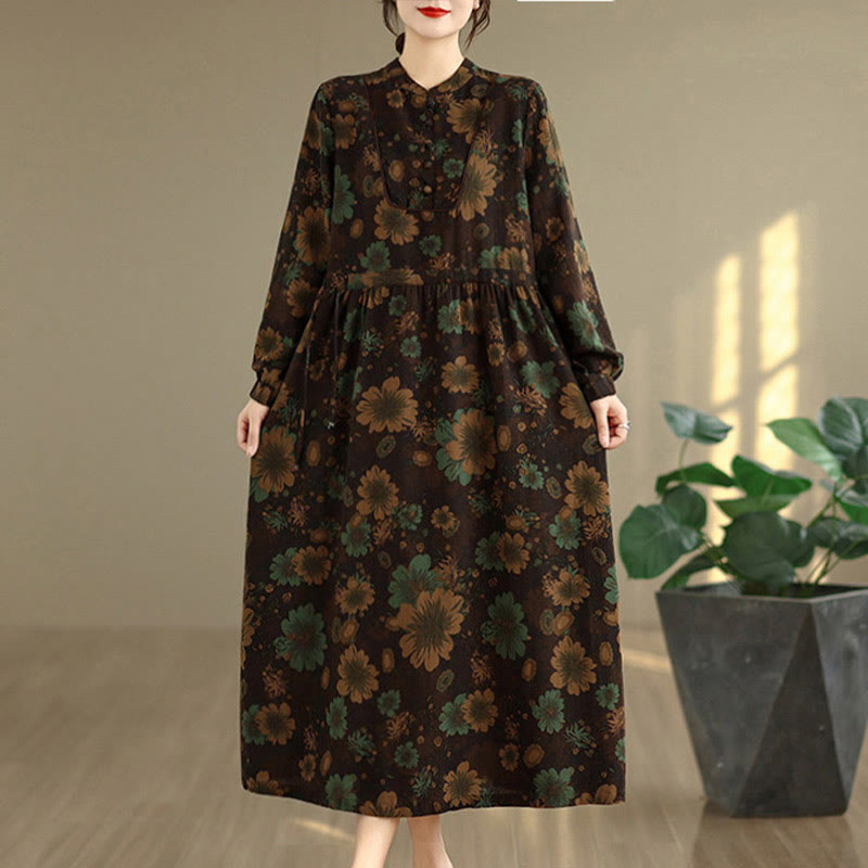 Vestido midi de algodón de manga larga con estampado floral de Buddha Stones y bolsillos - image 17