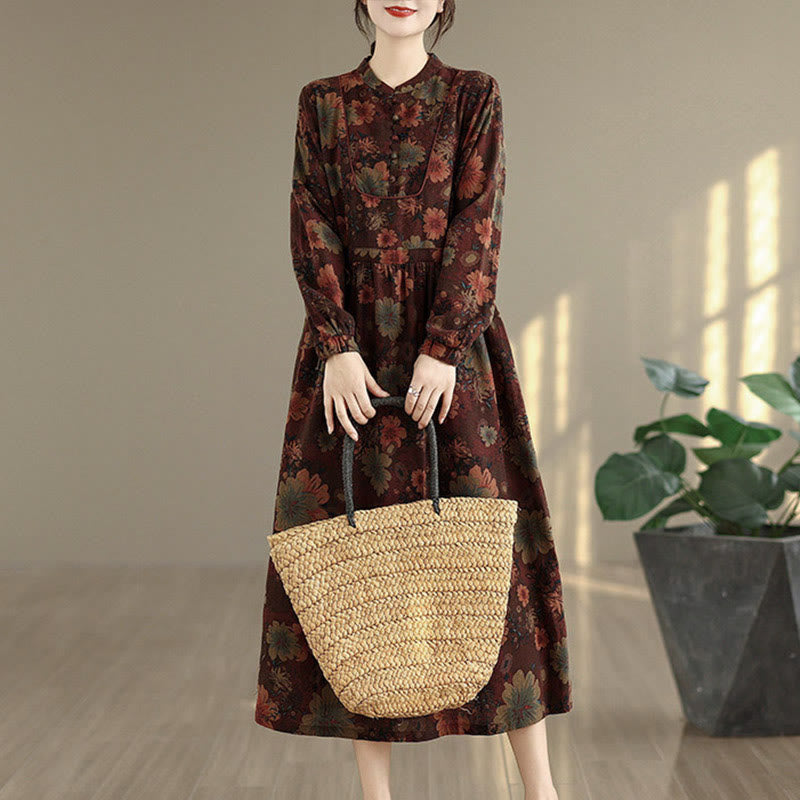 Vestido midi de algodón de manga larga con estampado floral de Buddha Stones y bolsillos - Rojo oscuro - US4, UK/AU8, UE36 (F) - image 0