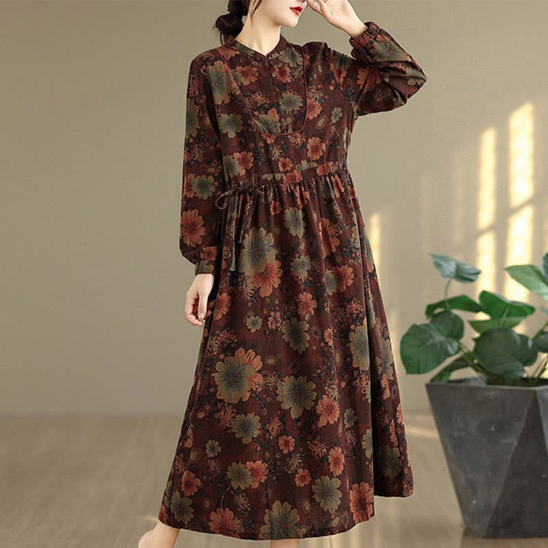 Vestido midi de algodón de manga larga con estampado floral de Buddha Stones y bolsillos - image 1