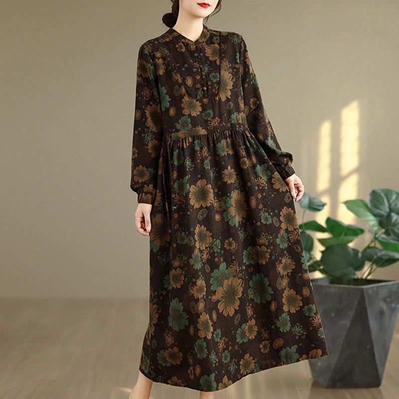 Vestido midi de algodón de manga larga con estampado floral de Buddha Stones y bolsillos - image 19