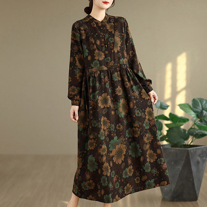 Vestido midi de algodón de manga larga con estampado floral de Buddha Stones y bolsillos - image 19
