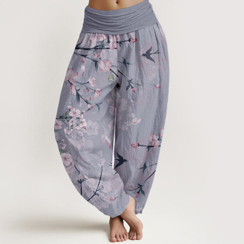 Pantalones harén de algodón puro con estampado de gansos voladores y flores de melocotón de Buddha Stones para mujer, cintura elástica - Azul aciano - US22，UK/AU26，EU54 (6XL) - image 8