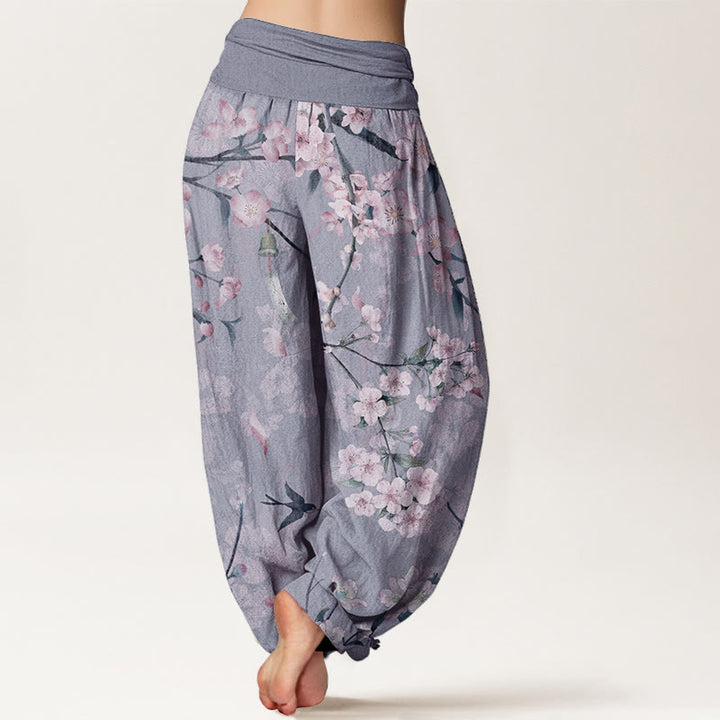 Pantalones bombachos de cintura elástica para mujer con estampado de flores de melocotón y gansos voladores de algodón con Buddha Stones - image 8