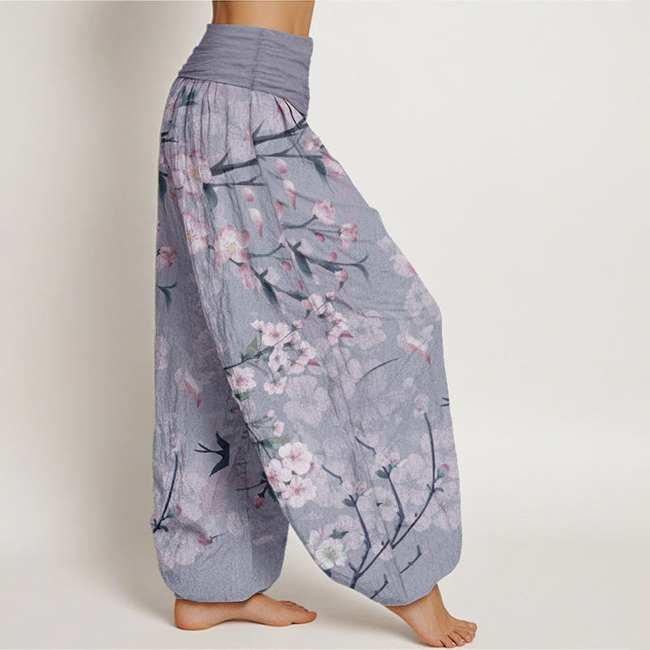 Pantalones bombachos de cintura elástica para mujer con estampado de flores de melocotón y gansos voladores de algodón con Buddha Stones - image 9