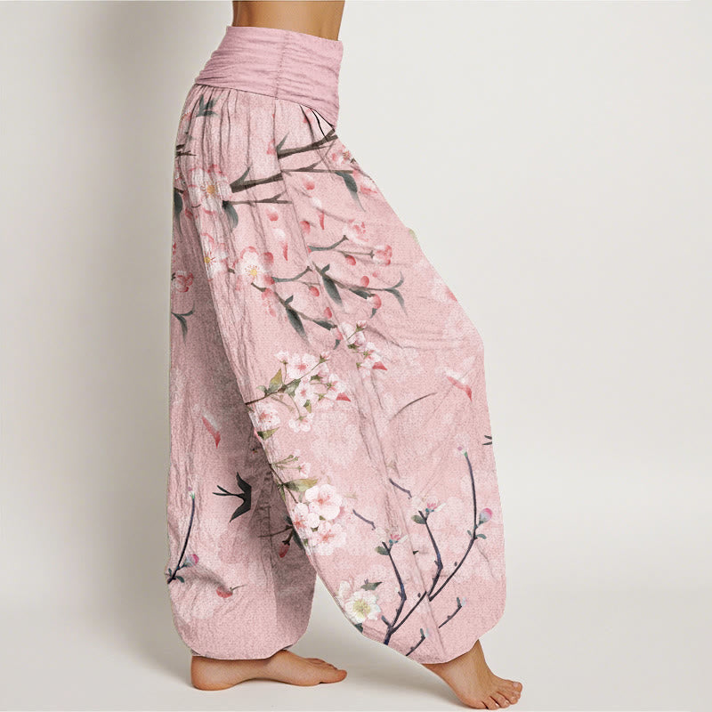 Pantalones bombachos de cintura elástica para mujer con estampado de flores de melocotón y gansos voladores de algodón con Buddha Stones - image 6
