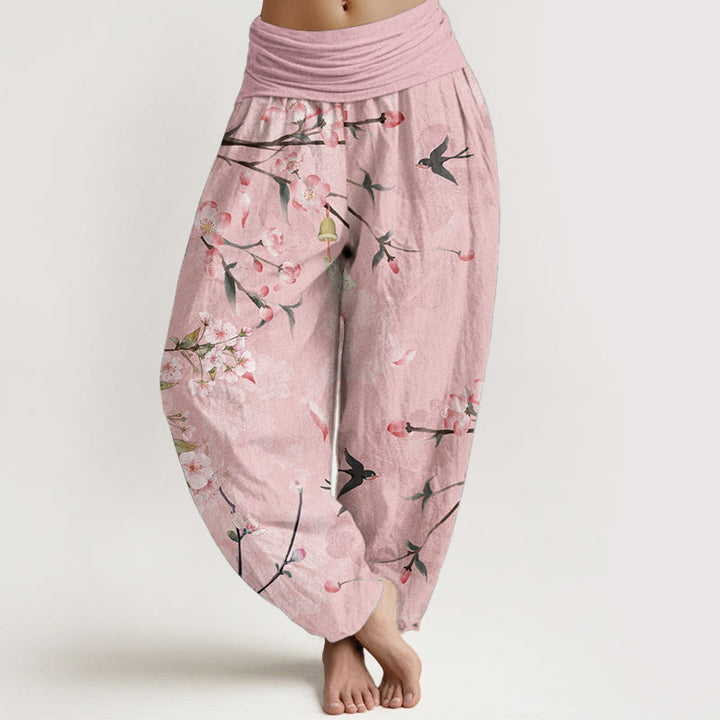Pantalones bombachos de cintura elástica para mujer con estampado de flores de melocotón y gansos voladores de algodón con Buddha Stones - Rosa - US22，UK/AU26，EU54 (6XL) - image 4