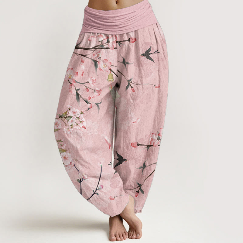 Pantalones bombachos de cintura elástica para mujer con estampado de flores de melocotón y gansos voladores de algodón con Buddha Stones - Rosa - US22，UK/AU26，EU54 (6XL) - image 4
