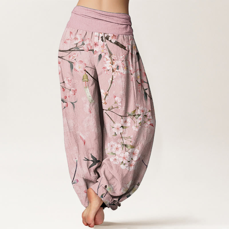 Pantalones bombachos de cintura elástica para mujer con estampado de flores de melocotón y gansos voladores de algodón con Buddha Stones - image 5
