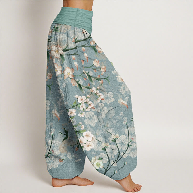 Pantalones bombachos de cintura elástica para mujer con estampado de flores de melocotón y gansos voladores de algodón con Buddha Stones - image 2