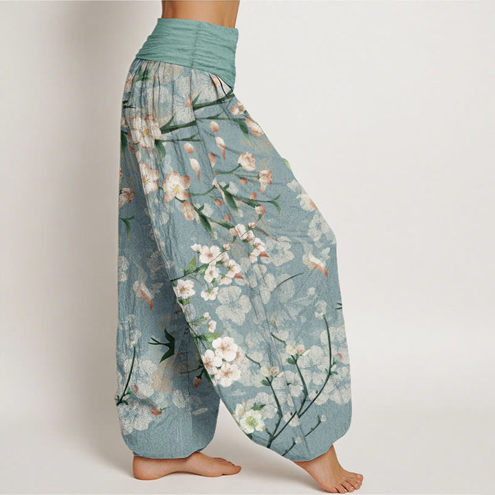 Pantalones bombachos de cintura elástica para mujer con estampado de flores de melocotón y gansos voladores de algodón con Buddha Stones - image 2
