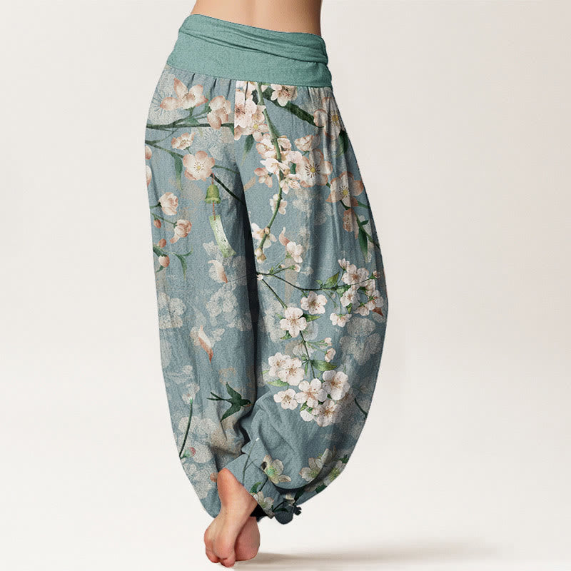 Pantalones bombachos de cintura elástica para mujer con estampado de flores de melocotón y gansos voladores de algodón con Buddha Stones - image 1