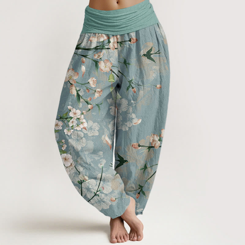 Pantalones bombachos de cintura elástica para mujer con estampado de flores de melocotón y gansos voladores de algodón con Buddha Stones - Aguamarina medio - US22，UK/AU26，EU54 (6XL) - image 0