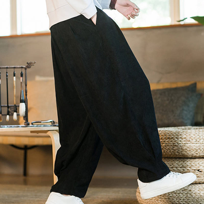 Pantalones harén de pana con forro polar liso y diseño simple para hombre, estilo retro Buddha Stones, con bolsillos - image 43