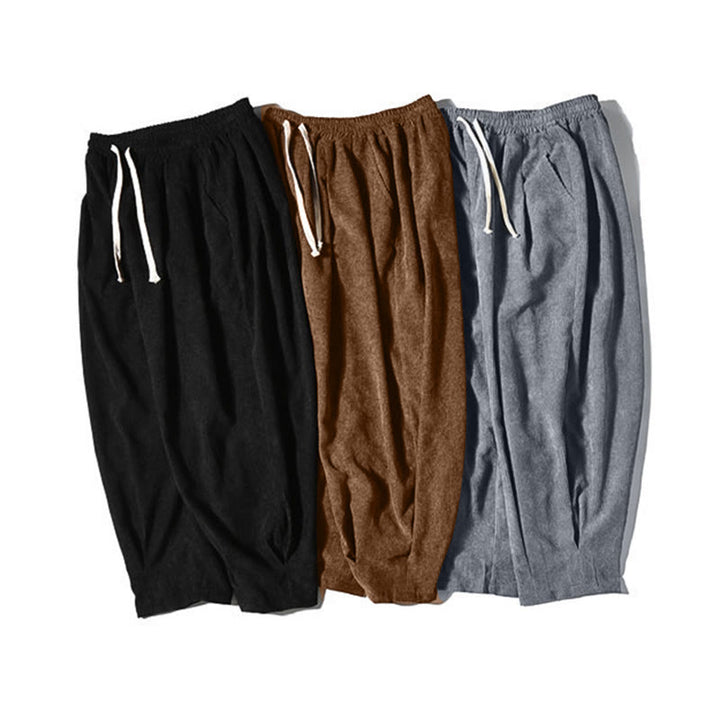 Pantalones harén de pana con forro polar liso y diseño simple para hombre, estilo retro Buddha Stones, con bolsillos - image 47