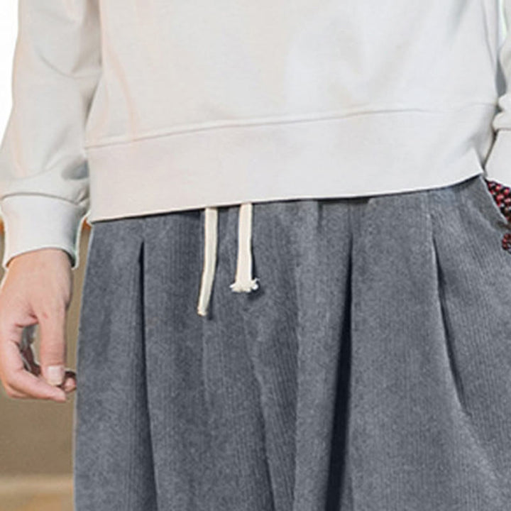 Pantalones harén de pana con forro polar liso y diseño simple para hombre, estilo retro Buddha Stones, con bolsillos - image 22