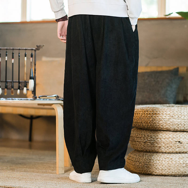 Pantalones harén de pana con forro polar liso y diseño simple para hombre, estilo retro Buddha Stones, con bolsillos - image 42