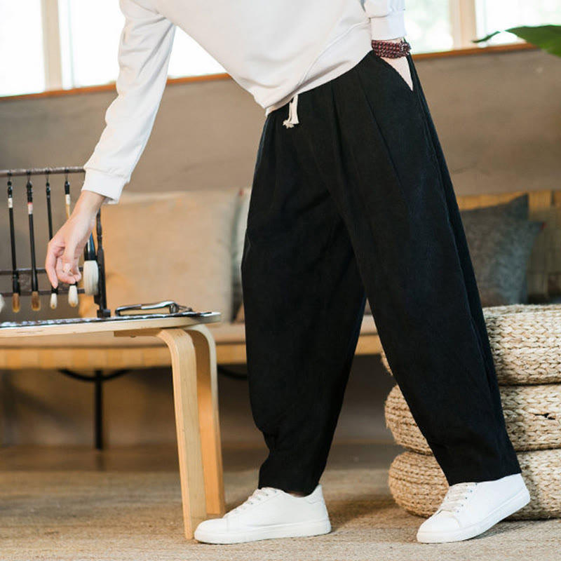 Pantalones harén de pana con forro polar liso y diseño simple para hombre, estilo retro Buddha Stones, con bolsillos - image 44