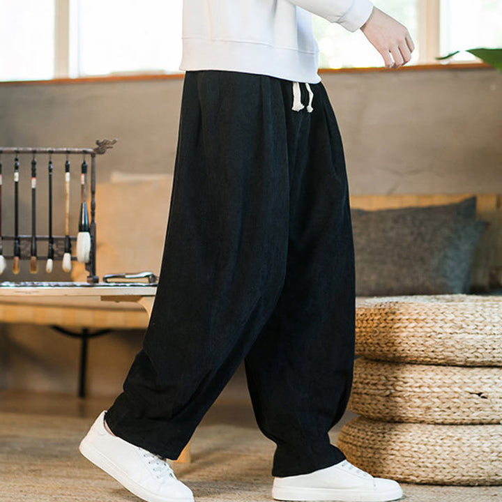 Pantalones harén de pana con forro polar liso y diseño simple para hombre, estilo retro Buddha Stones, con bolsillos - image 37