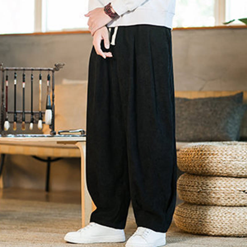 Pantalones harén de pana con forro polar liso y diseño simple para hombre, estilo retro Buddha Stones, con bolsillos - image 38