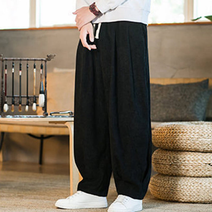 Pantalones harén de pana con forro polar liso y diseño simple para hombre, estilo retro Buddha Stones, con bolsillos - image 38