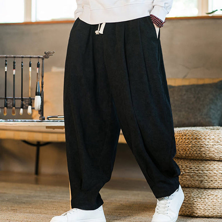 Pantalones harén de pana con forro polar liso y diseño simple para hombre, estilo retro Buddha Stones, con bolsillos - image 41