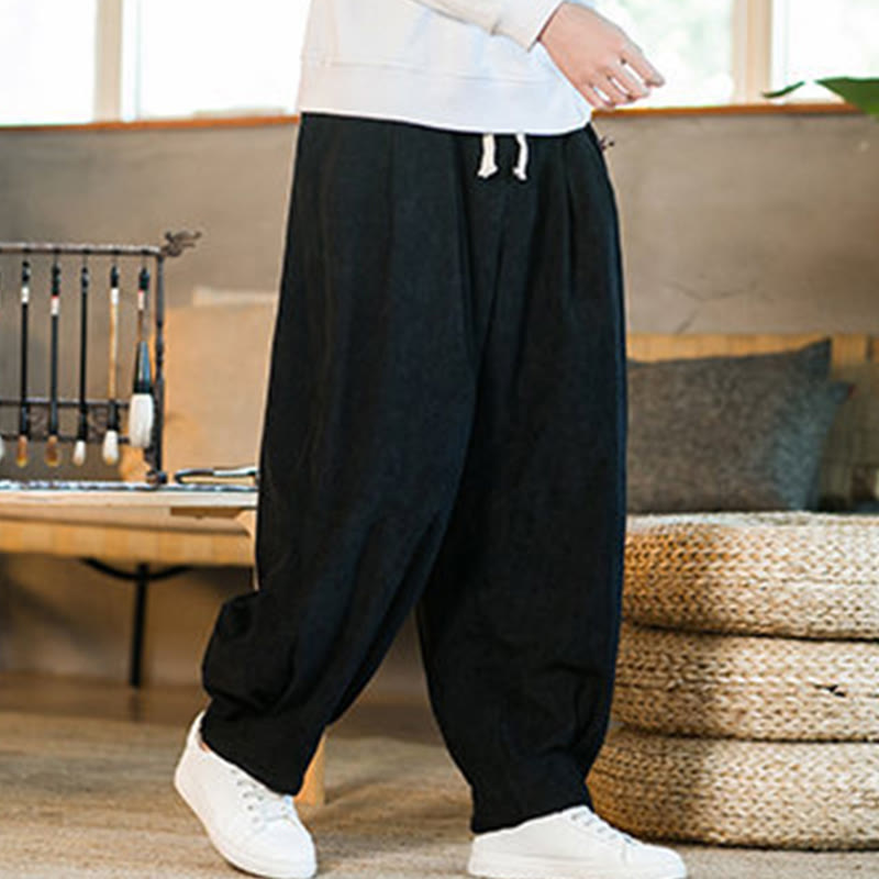 Pantalones harén de pana con forro polar liso y diseño simple para hombre, estilo retro Buddha Stones, con bolsillos - image 39