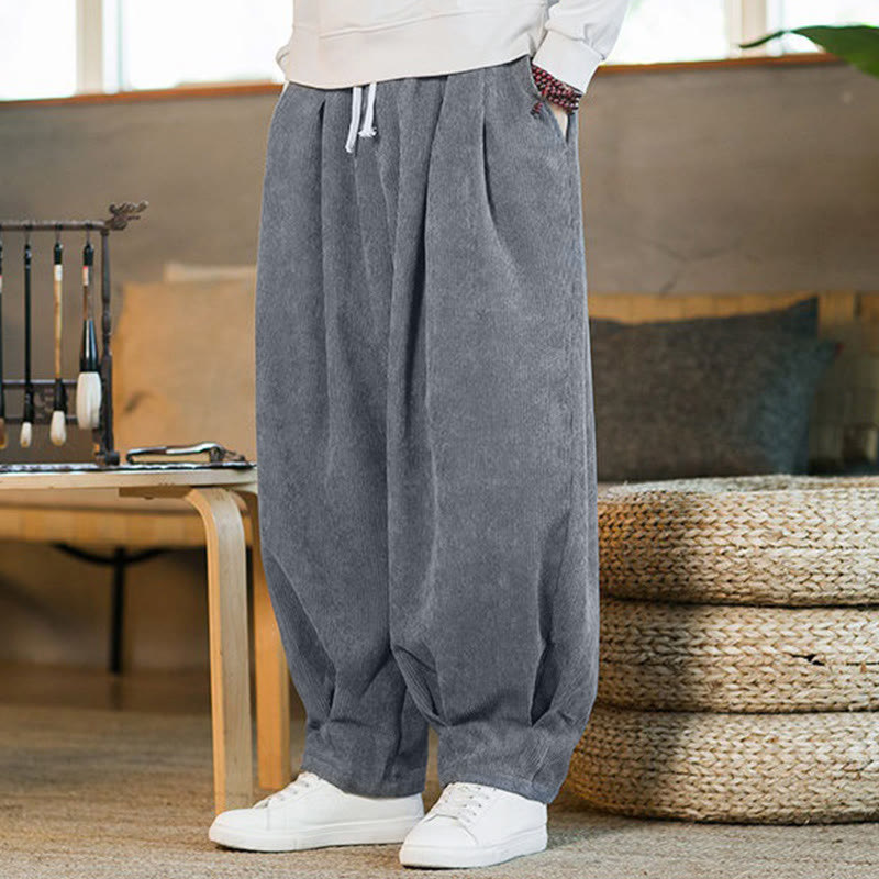 Pantalones harén de pana con forro polar liso y diseño simple para hombre, estilo retro Buddha Stones, con bolsillos - image 15