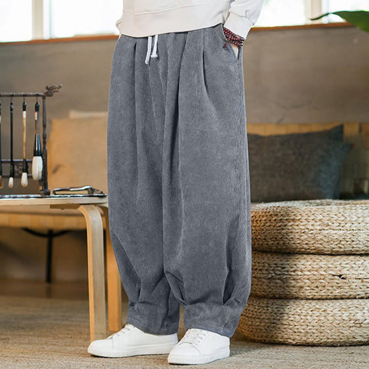 Pantalones harén de pana con forro polar liso y diseño simple para hombre, estilo retro Buddha Stones, con bolsillos - image 15