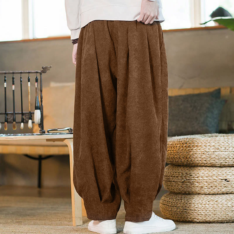Pantalones harén de pana con forro polar liso y diseño simple para hombre, estilo retro Buddha Stones, con bolsillos - image 7