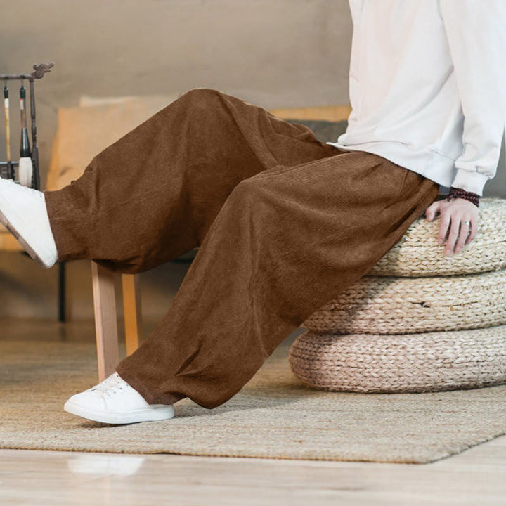 Pantalones harén de pana con forro polar liso y diseño simple para hombre, estilo retro Buddha Stones, con bolsillos - image 9