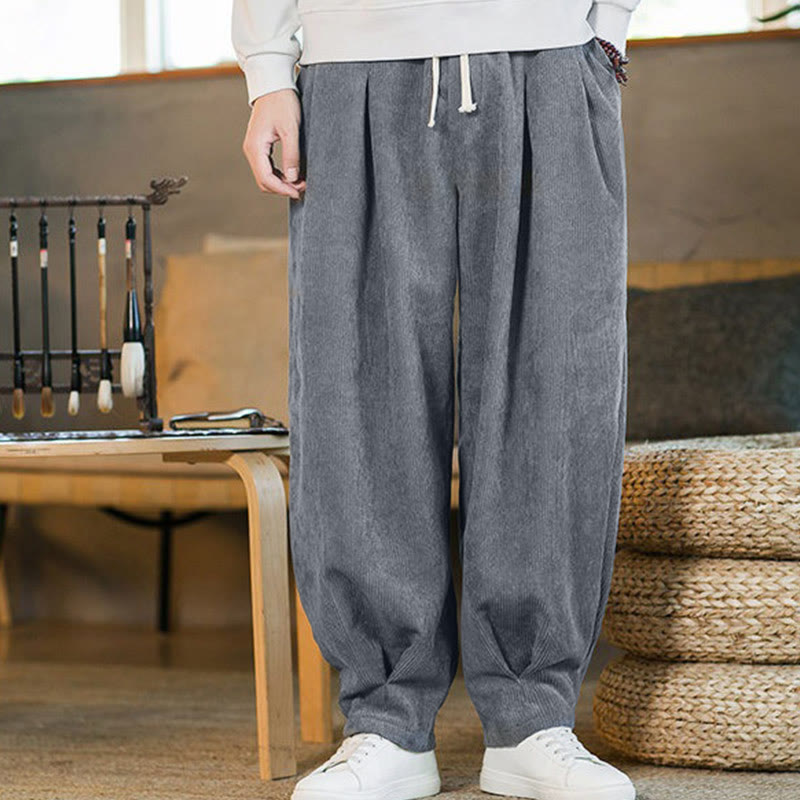 Pantalones harén de pana con forro polar liso y diseño simple para hombre, estilo retro Buddha Stones, con bolsillos - image 19