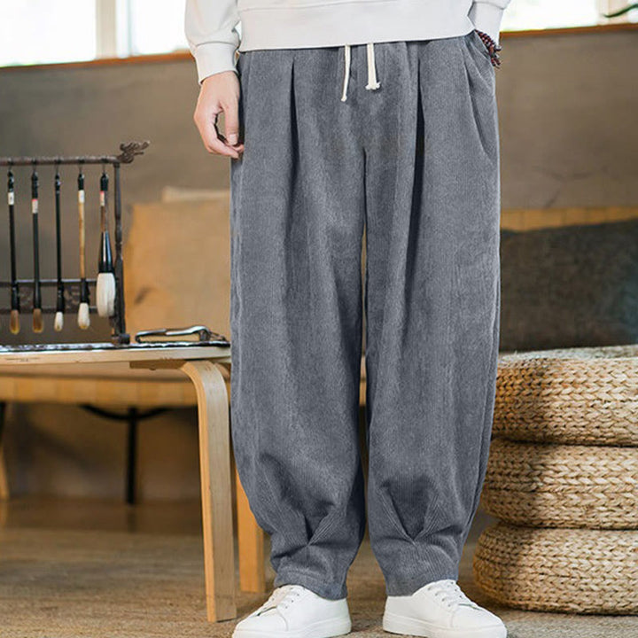 Pantalones harén de pana con forro polar liso y diseño simple para hombre, estilo retro Buddha Stones, con bolsillos - image 19