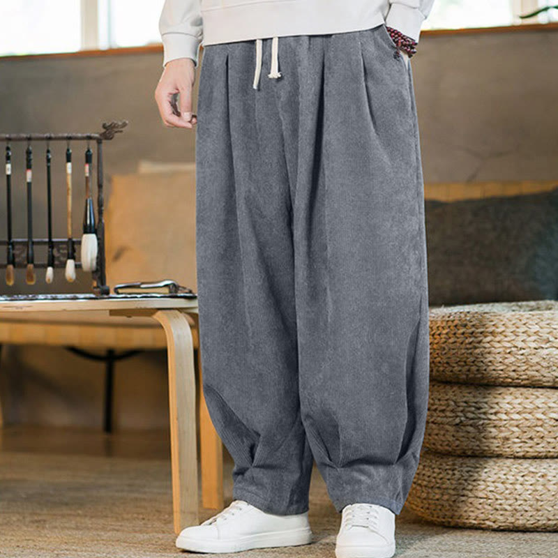 Pantalones harén de pana con forro polar liso y diseño simple para hombre, estilo retro Buddha Stones, con bolsillos - image 17
