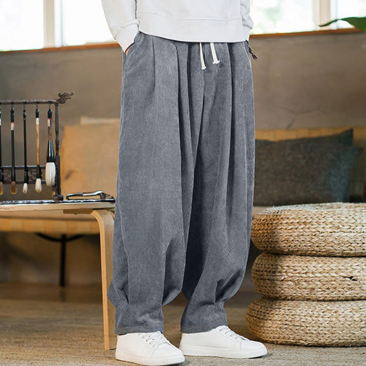 Pantalones harén de pana con forro polar liso y diseño simple para hombre, estilo retro Buddha Stones, con bolsillos - image 16