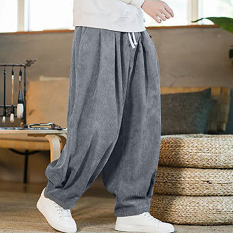 Pantalones harén de pana con forro polar liso y diseño simple para hombre, estilo retro Buddha Stones, con bolsillos - image 18